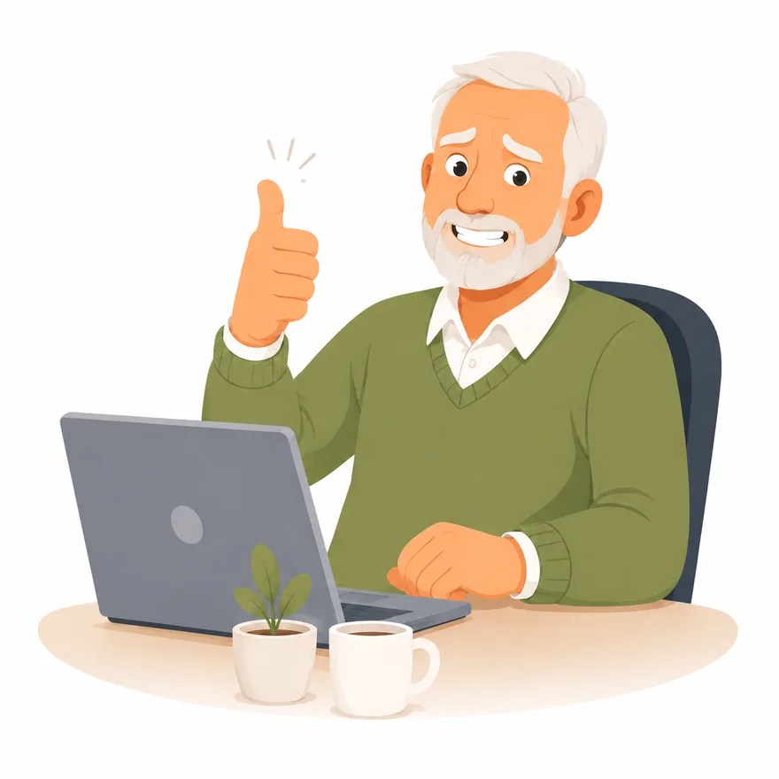 A smiling man at his laptop giving a thumbs up, happy with the closest match