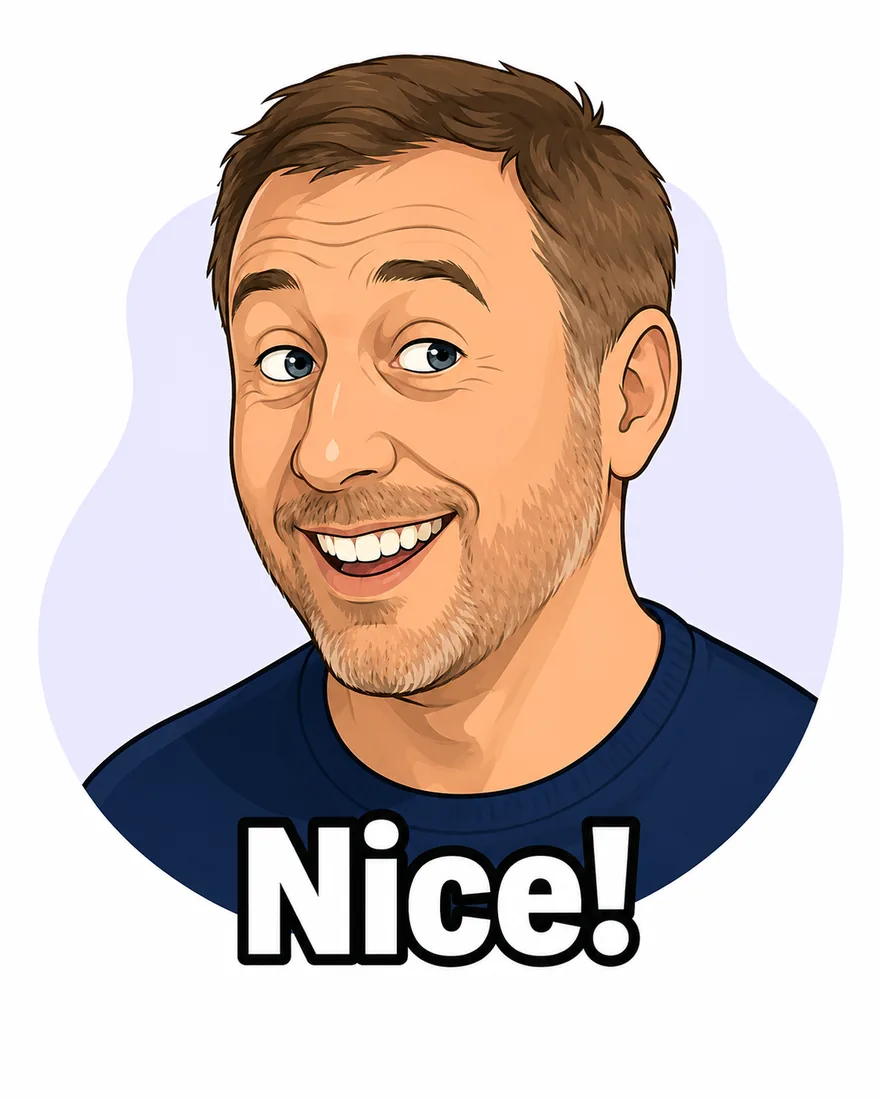 A cheerful cartoon avatar reacting with a big “Nice!”